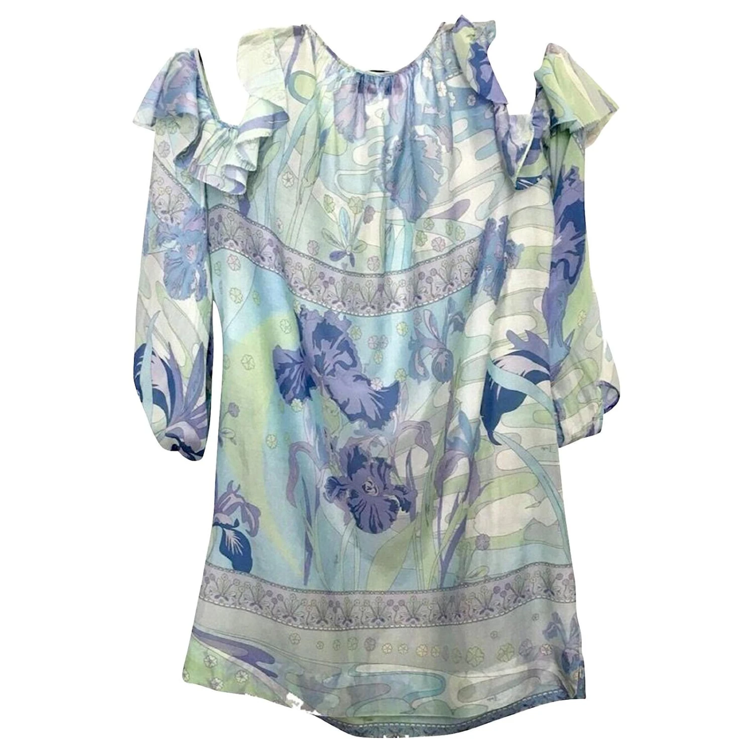 Robe D'été Emilio Pucci En Soie Imprimé Iris Bleu & Vert Avec Poches 2 Robe D'été Emilio Pucci En Soie Imprimé Iris Bleu & Vert Avec Poches – Image 2