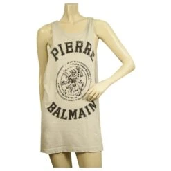 Pierre Balmain Logo Gris Coton Sans Manches Débardeur Long Top Ou Mini Robe Sz XS Gris Anthracite -ModeChic Magasin 631308 3