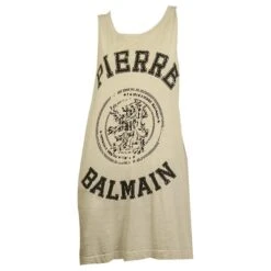 Pierre Balmain Logo Gris Coton Sans Manches Débardeur Long Top Ou Mini Robe Sz XS Gris Anthracite -ModeChic Magasin 631308 9