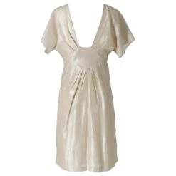 Alberta Ferretti Robe Perlée à Manches Courtes En Soie Dorée -ModeChic Magasin 687410 3
