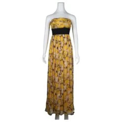 Bcbg Max Azria Jaune, Robe Longue En Soie Noire Et Blanche Sans Bretelles -ModeChic Magasin 809583 2