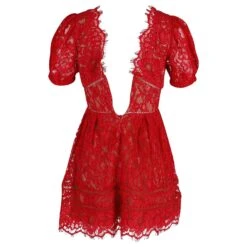 Self Portrait Mini Robe à Manches Bouffantes En Dentelle Guipure De Coton Rouge 5 Self Portrait Mini Robe à Manches Bouffantes En Dentelle Guipure De Coton Rouge -ModeChic Magasin 871017 3