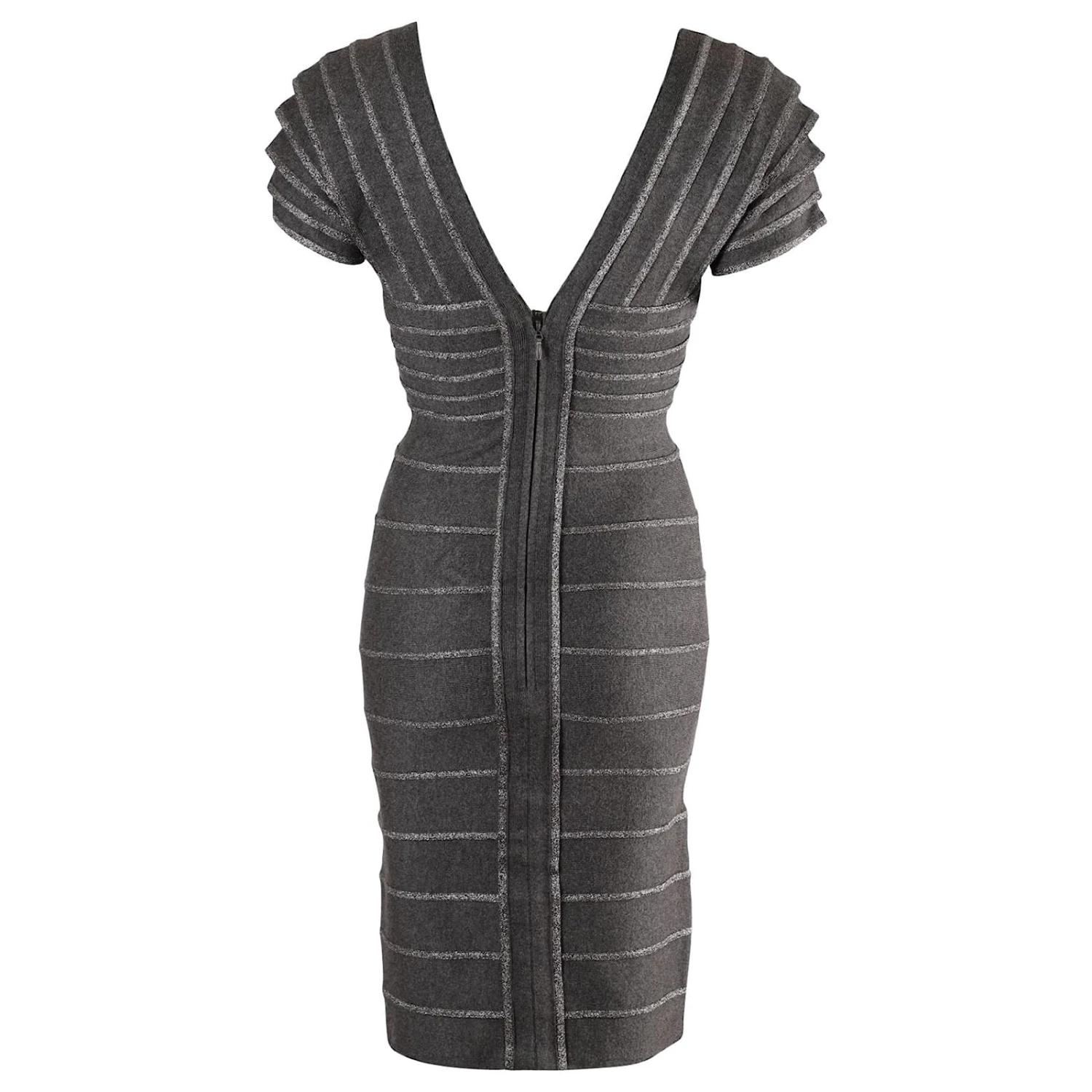 Herve Leger Robe Fourreau à Encolure En V Filetée En Rayonne Grise 3 Herve Leger Robe Fourreau à Encolure En V Filetée En Rayonne Grise – Image 3