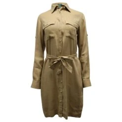 Autre Marque Lauren Ralph Lauren - Robe Chemise Ceinturée En Lin Beige -ModeChic Magasin 879034 2