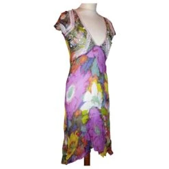 ANTIK BATIK ROBE DRESS PALM BEACH SOIE PIERRES PAMPILLES CRENOLINE TS 36 Rose