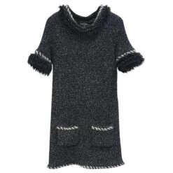 CHANEL Fall 2010 Robe à Franges En Fourrure De Cachemire Et Tweed Noir Et Blanc Sz.36 Multicolore