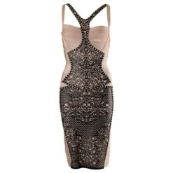 Herve Leger Bandage Laser Cut Robe Moulante Détaillée En Rayonne Imprimé Beige Clair