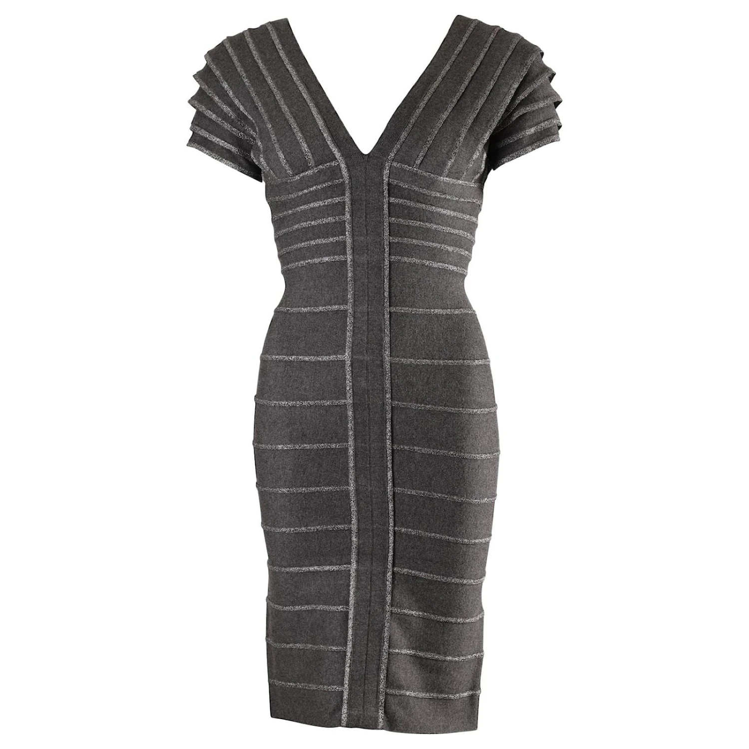 Herve Leger Robe Fourreau à Encolure En V Filetée En Rayonne Grise 1 Herve Leger Robe Fourreau à Encolure En V Filetée En Rayonne Grise