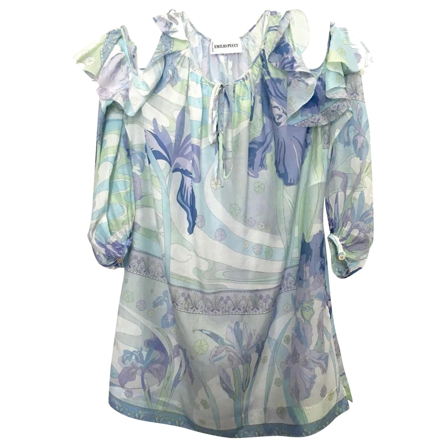 Robe D'été Emilio Pucci En Soie Imprimé Iris Bleu & Vert Avec Poches 1 Robe D'été Emilio Pucci En Soie Imprimé Iris Bleu & Vert Avec Poches