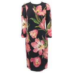 Robe Dolce & Gabbana En Imprimé Tulipe Rose Sur Fond Noir