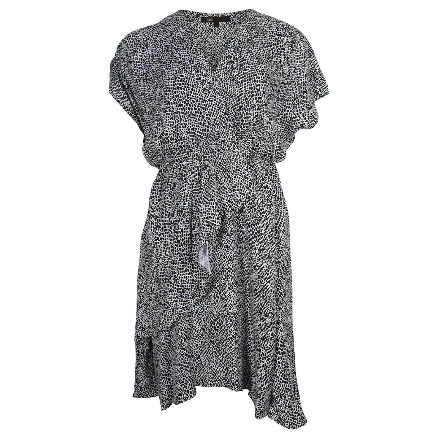 Maje ROBE COURTE SURPLIQUE A VOLANTS En Cupro Noir Et Blanc 1 Maje ROBE COURTE SURPLIQUE A VOLANTS En Cupro Noir Et Blanc