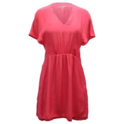 Maje Robe D'été Froncée Col V En Soie Rose Fuchsia