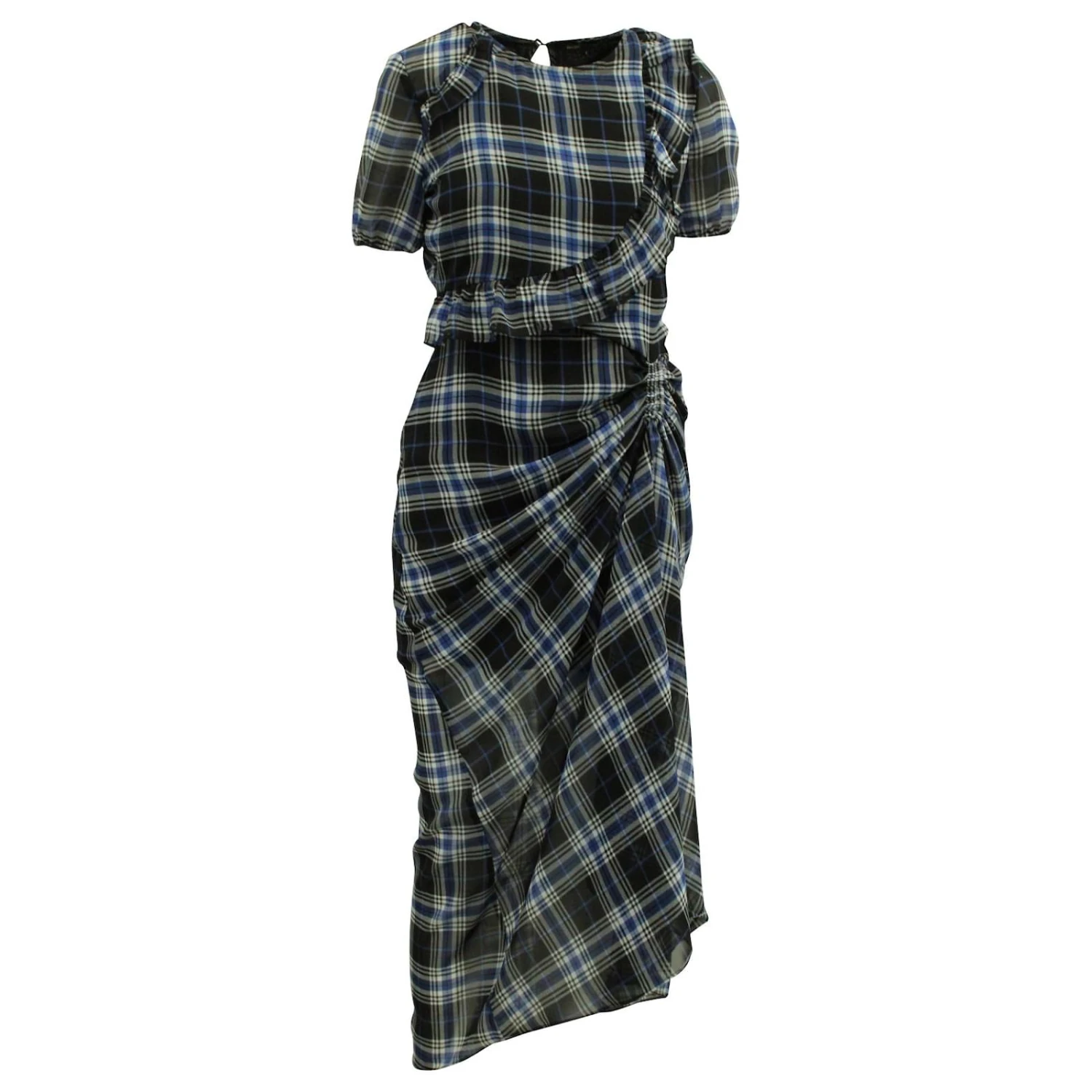 Maje - Robe Longue à Carreaux Froncée Sur Le Côté En Bleu/Soie Noire 1 Maje - Robe Longue à Carreaux Froncée Sur Le Côté En Bleu/Soie Noire