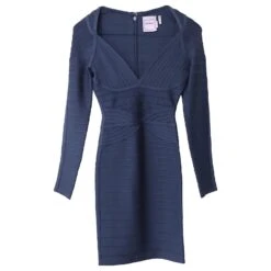 Robe Bandage à Manches Longues Herve Leger En Rayonne Bleue