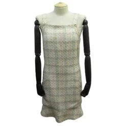 ROBE CHANEL A BRETELLES MOTIF A CARREAUX TWEED BEIGE 36 S STRAPLESS DRESS