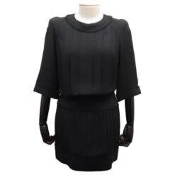 ROBE CHANEL COL A FRANGES EN SOIE NOIRE P31052W03906 M 38 BLACK SILK DRESS