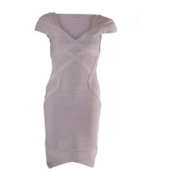 Robe Fourreau Bandage Herve Leger En Rayonne Gris Clair