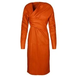 Robe Mi-longue En Cuir Drapé Bottega Veneta Orange