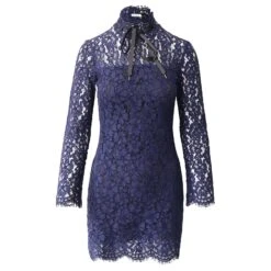 Sandro Paris Mini Robe Col Montant Festonné En Dentelle Acrylique Bleu Marine