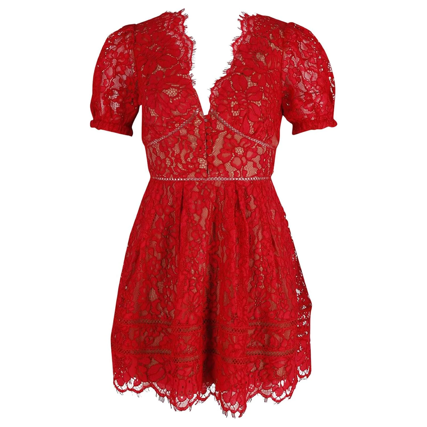 Self Portrait Mini Robe à Manches Bouffantes En Dentelle Guipure De Coton Rouge 1 Self Portrait Mini Robe à Manches Bouffantes En Dentelle Guipure De Coton Rouge