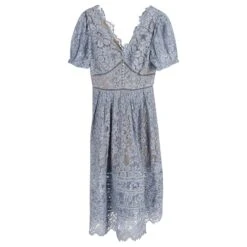 Self Portrait Self-Portrait Robe Mi-longue En Dentelle à Manches Courtes En Coton Bleu