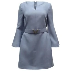 Valentino Robe Courte Ceinturée Ornée De Cristaux En Laine Bleu Clair